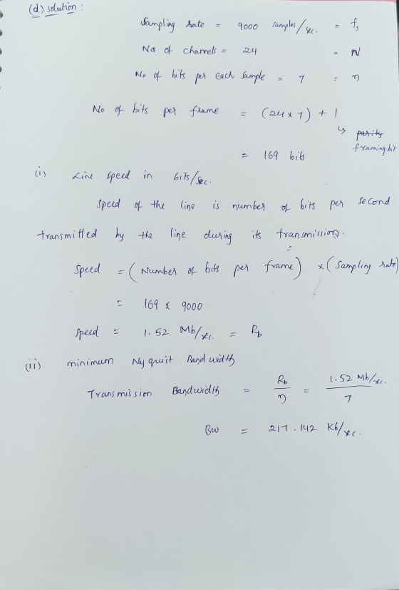(d) solution Sampling dute 9000 samples / sec. ato No of channels = 24 3 Z No of bits per each Sample 7 No of bits per flame