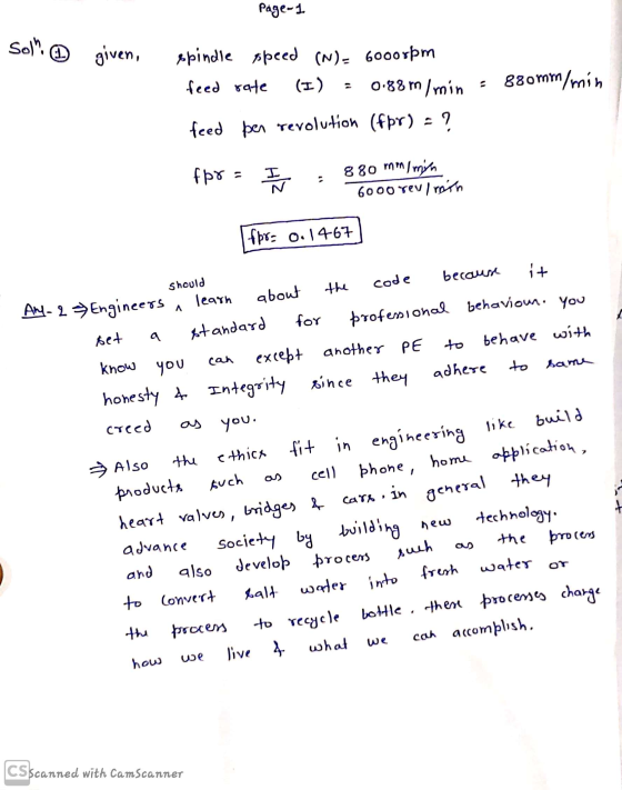Page-1 soll. given, spindle speed (N)= 6000rpm feed rate (I) 0.88 m/min 880mm/min feed per revolution (for) = ? fpr= I 880 mm