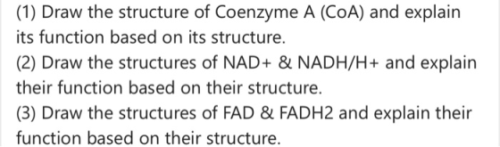 (1) Draw the structure of Coenzyme A (COA) and explain its function based on its structure. (2) Draw the structures of NAD+ &