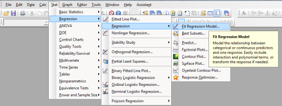 File Edit Data Calc Stat Graph Editor Tools Windo Help Assistant Basic Statistics Regression ANOVA DOE Control Charts Quality