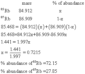 mass % of abundance 85 Rb 84.912 87Rb 86.909 85.468 (84.912) (x)+(86.909)(1-x) 85.468-84.912x+86.909-86.909x 441 1.997x 1.441