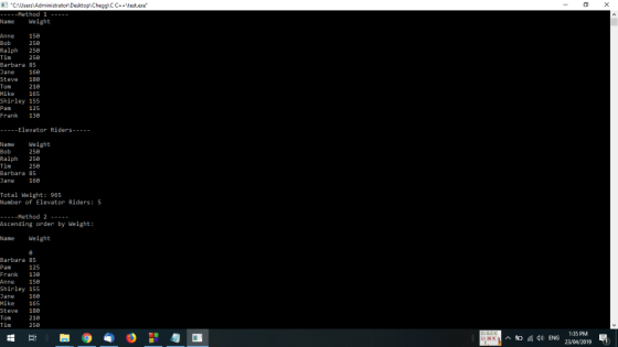 CA --Method 1 Name Weight ator Desktop\Chegg) C Ctest.exe 25e Ralph 250 Tim Barbara 85 Dane Steve 180 Tom Mike 165 Shirley 15