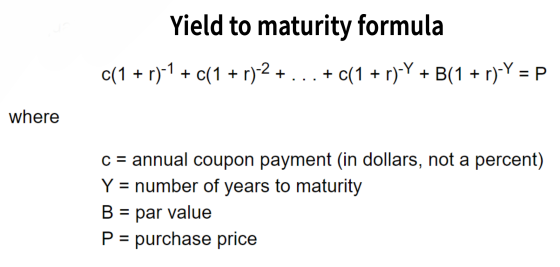 Yield to maturity formula c(1 + r)-1 + c(1 + r)-2 + ... + c(1 + r)-Y + B(1 + r)-Y = P. where c = annual coupon payment (in do
