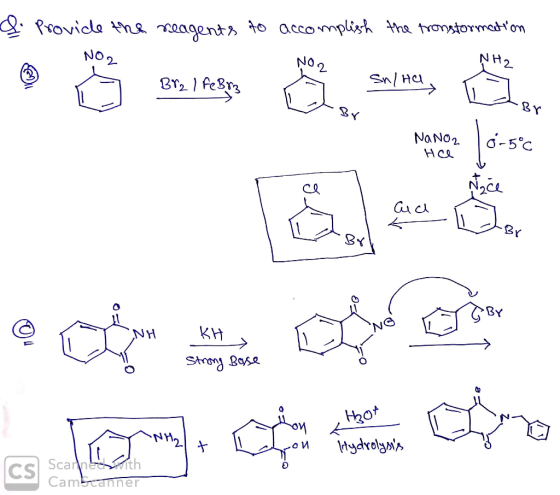 Providla na meagents to accomplish ha tronstormedYon NH2 NO 2 Sn/Hu BY d-5°C NaNo2 Hea KH NH Strong Base Wydrolymis CS Scarne