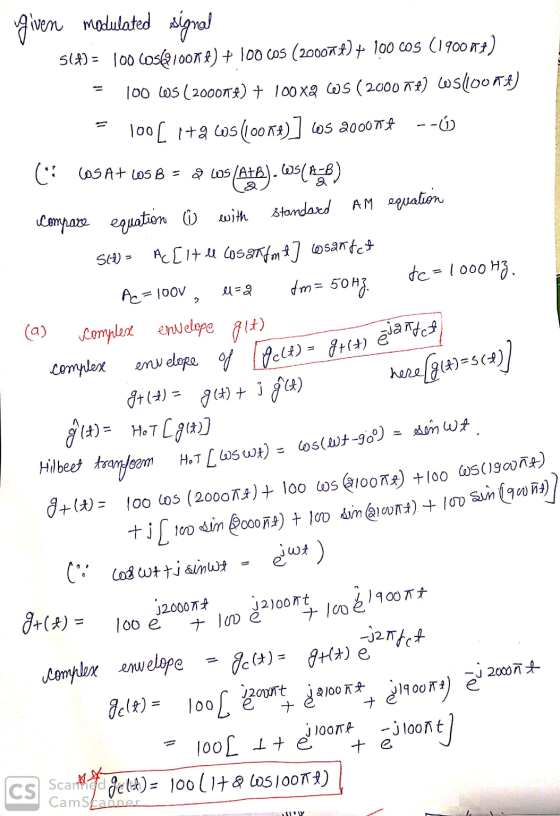 given modulated signal 5(#) = 100 cosla100) + 100 Cos (200074) + 100 cos (1900 +) 100 65 (200004) + 100 x 6S (2000+) CS1OOT)