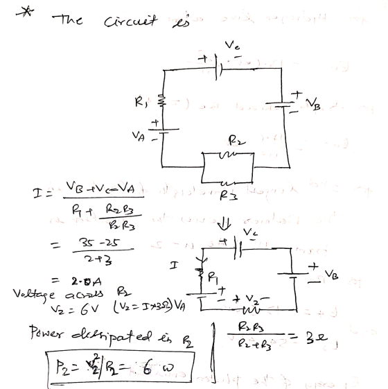 * the circuit és Ve 수 + R, VA - Pr Iz VB AVEVA RT R2 R3 R3 ✓ Ve 35 -25 2-3 I + VB 2-04 RE t Voltage acris V2=6V (V2 = I *352)