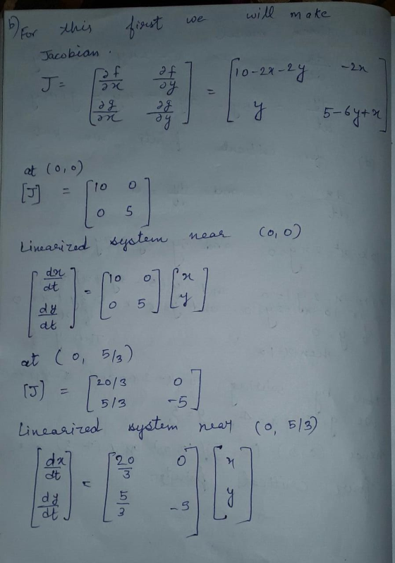 will make b for we first this Jacobian af are 110-24-2y sy J= fra les ag y Я 5-64tr at (0,o) [ neah Coo) Linearized system do
