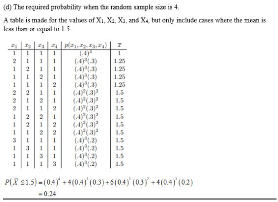 (d) The required probability when the random sample size is 4. A table is made for the values of X1, X2, X3, and X4, but only