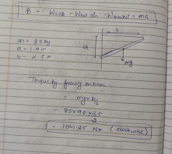 B Wsiek - What air -W basket - ma b m=85kg a = 1.am a b - 2.5m mg Adre Torque by Graving on been mgx by = 85x9.8 x2.5 1641.25