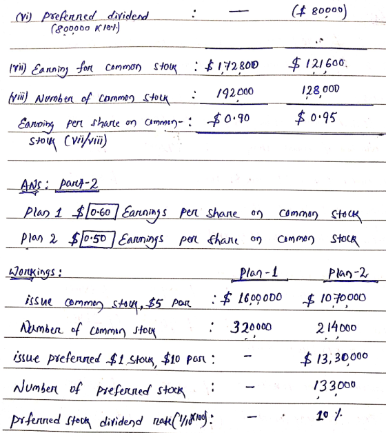 (#80000) (Vi) prefenned dividend 7800000 A 107) (vii) Earning for common Stou : $172800 $ 121600 128,000 $0.95 Vil Number of