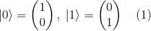 |0\rangle = \begin{pmatrix} 1\\ 0 \end{pmatrix},\; |1\rangle = \begin{pmatrix} 0\\ 1 \end{pmatrix} \quad (1)