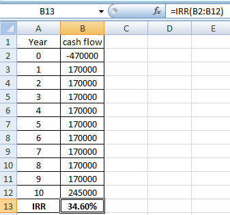 B13 fx EIRR(B2:B12) A C D E 1 Year 0 2 B cash flow -470000 170000 170000 170000 3 1 4 2 5 3 6 4 170000 7 5 170000 6 170000 8