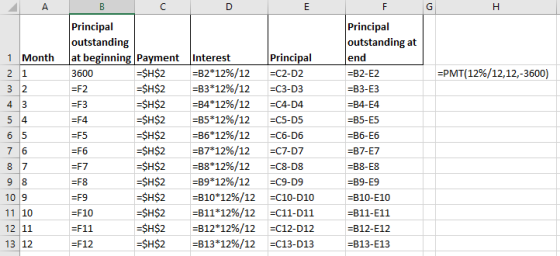А G H =PMT(12%/12,12,-3600) 1 Month 2 1 32 4 3 в Principal outstanding at beginning Payment 3600 =$H$2 =F2 =$H$2 =F3 =$H$2 =$