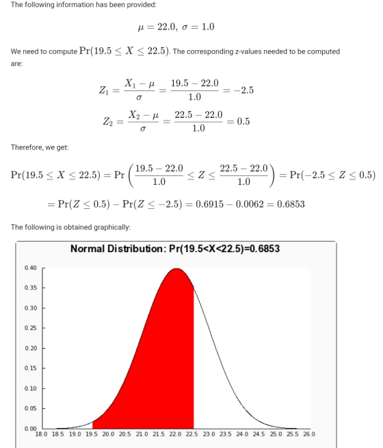 The following information has been provided: M = 22.0, 0 = 1.0 We need to compute Pr(19.5 < X < 22.5). The corresponding z-va