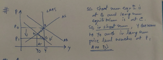 LRAS AS so, short run equin is at B and long oun. equilibrium is at e. so, in short rum, y decreaus to Yo and in lang rum pri