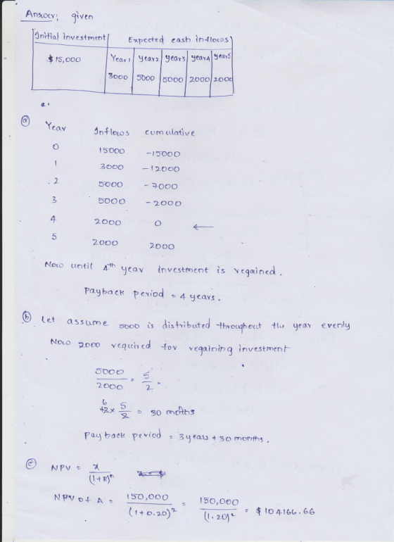 Ansoev iven Inttial investment Expeeted eash nflotos 15,000 3ooo 5boo 50oo 2000zo eay nlouos com ulative 5000 Ooo ち000 200 O