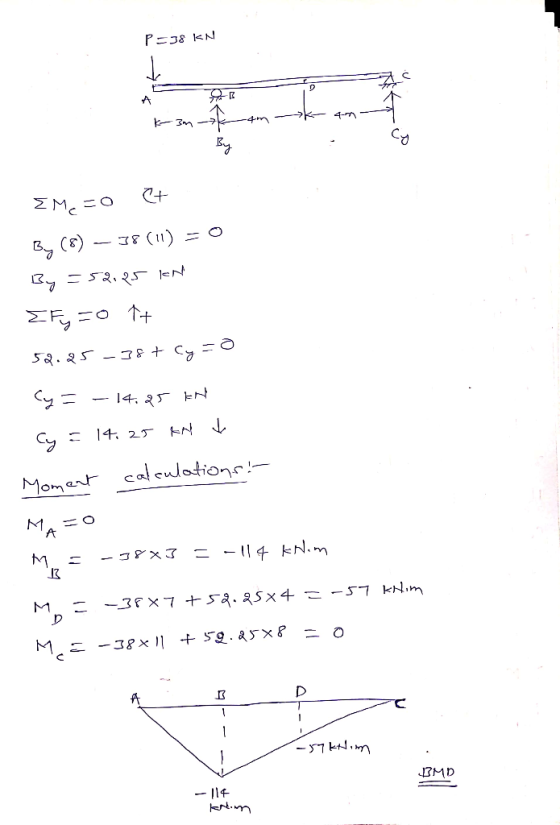 A 4-m -4m k3m Co MMO BCE (1) = 0 52.25-38 + Cy 14 25 Momant cal eulotionr:- E4N. 3 x7 s8. a5x4 z -57 kNim = O M E-38x 1 + 5g.