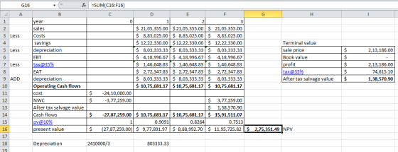 G16 - fx =SUM(C16:F16) А 2 3 Less 4 5 Less 2,13,186.00 7 Less BEHOVOU year sales Costs savings depreciation EBT tax@35% EAT d