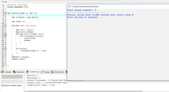 Q2.cpp 1 #include <iostream> 2 using namespace std; C:\UsersUser Documents\Q2.exe Total unique elements: 9 ---------- -------