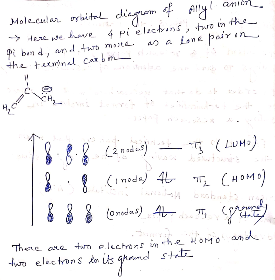Molecular orbital diagram of Allyl anion Here we have a pi electrons, two in the pi bond, and two more as a lone pairon the t