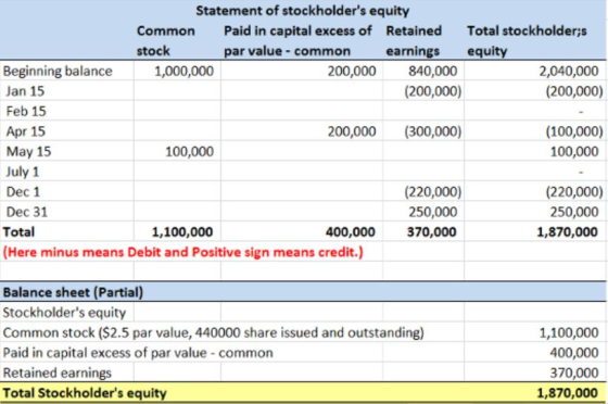 Statement of stockholders equity Common Paid in capital excess of Retained Total stockholder;s stock par value - common earn