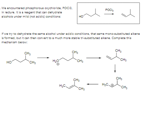 We encountered phosphorous encychloride, POCIS. in lecture. It is a reagent that can dehydrate alcohols under mild (not acidi