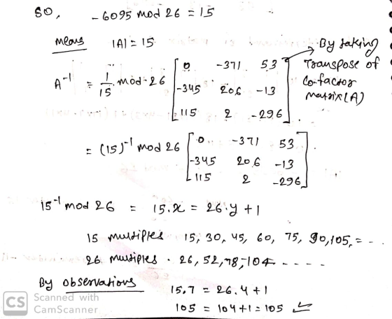 so -6095 mod 26 = 15 means 141= 15 h is not By taking 10 -371.539 Transpose of A mod-26 1 i Confactor 21-345 206 -13 Matrix L