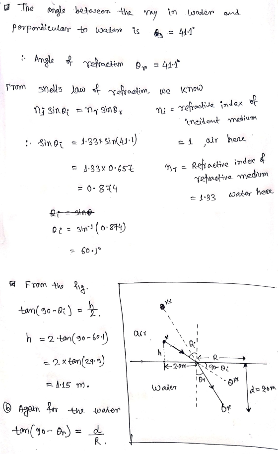 in water and 7 The angle between the may perpendicular to water is - * Angle of refraction Op = 41.10 snells law of refracti