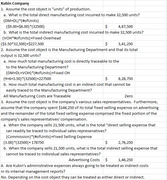 Kubin Company 1. Assume the cost object is units of production. a. What is the total direct manufacturing cost incurred to