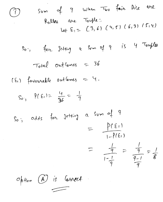 Sum of When Two fair Dice Rolled Touple: Let E,= (3,6) (4,5) (6,31 1514) are Soli for getting is u Touples a Sum of Total out