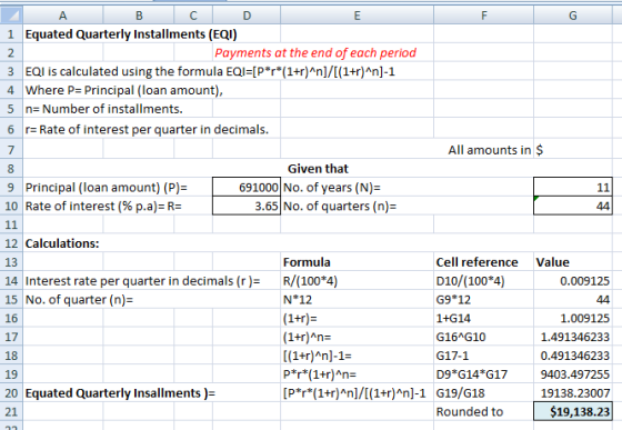 8 A B C D 1 Equated Quarterly Installments (EQI) Payments at the end of each period 3 EQI is calculated using the formula EQI