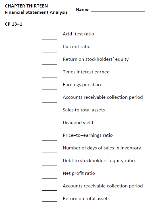 CHAPTER THIRTEEN Financial Statement Analysis Name CP 13-1 Acid-test ratio Current ratio Return on stockholders equity Times