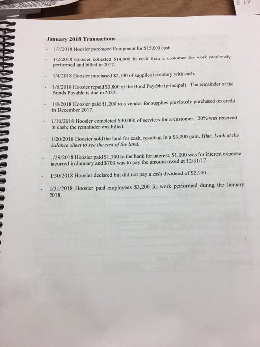 January 2018 Transactions 1/1/2018 Hoosier purchased Equipment for S15.000 cash. 1/2/2018 Hoosier collected $14,000 in cash from a customer for work previously performed and billed in 2017 1/4/2018 Hoosier purchased $2,100 of supplies inventory with cash. Bonds Payable is due in 2022. 1/8/2018 Hoosier paid S1,200 to a vendor for supplies previously purchased on credit 1/6/2018 Hoosier repaid $3,800 of the Bond Payable (principal). The remainder of the - in December 2017 1/10/2018 Hoosier completed S30.000 of services for a customer, 20% was received · in cash; the remainder was billed. 1/20/2018 Hoosier sold the land for cash, resulting in a $3,000 gain. Hint: Look at the 1/29/2018 Hoosier paid S1,700 to the bank for interest. $1.000 was for interest expense 1/30/2018 Hoosier declared but did not pay a cash dividend of $2,100. balance sheet to see the cost of the land. incurred in January and $700 was to pay the amount owed at 12/31/17. 1/31/2018 Hoosier paid employees S3200 for work performed during the January 2018. ·