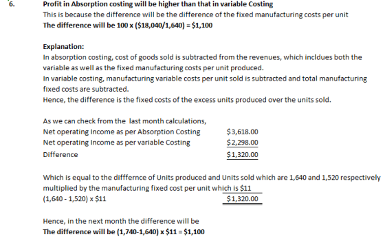 6. Profit in Absorption costing will be higher than that in variable Costing This is because the difference will be the diffe
