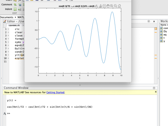 cos(9 t972 -...+ sin(3 t) (1/6 + sin(6 AM 1.5 1 х 0.5 Comment % Indent 5 EDIT Documents ► MATL Editor - /Use saveee.m 1 - clc
