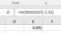 Font
fox
NORMSDIST(-1.33)
D
E
F
0.092
LL