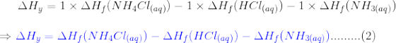 ΔΗ, = 1x ΔΗ (NH,CI (αα) – 1x ΔΗ (HCl(aq) - 1x ΔΗ (ΝΗ3(αα) = ΔΗ= ΔΗ(NH4Clag)) – ΔΗ; (HClag)) – ΔΗ(ΝΗ3(aq)).........(2)