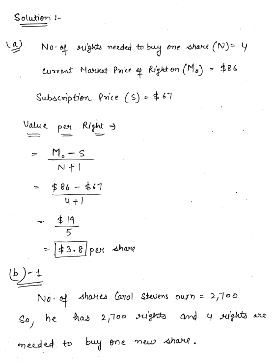 Solution - (a) NO of rights needed to buy one share (N) = 4 current Market Price of Right on (Mo) = $86 Subscription Price (s