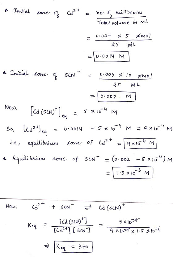 Initial conc. of Cd²+ = no. of millimoles Total volume in ml 0.007 X5 kmol 25 whL 10.0014 M & Initial conc. of SCN - = 0.005