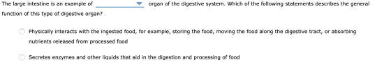 organ of the digestive system. Which of the following statements describes the general The large intestine is an example of f