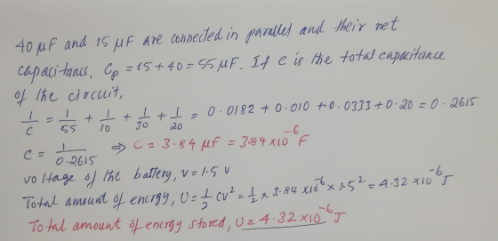 I- + 1 + + 400F and 15 MF are connected in paralles and their net capacitance, Cp = 15+40 = 55 UF. If e is the total capacita