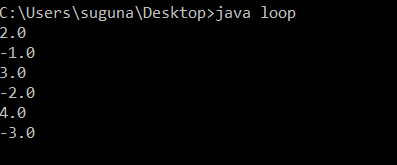 C: \Users\suguna\Desktop>java loop 2.0 1.0 3.0 2.0 4.0 3.0
