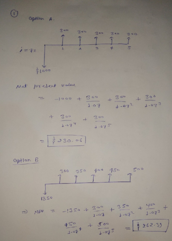Ophion A 1 I Î s i=77 $19.00 Net present value + 300 + + 300 1.07 d.o72 d-o73 + 30. + 350 door4 d.o75 $330.06 option B 360 35
