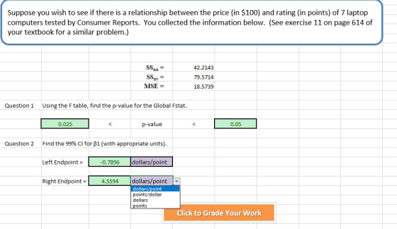 Suppose you wish to see if there is a relationship between the price (in $100) and rating (in points) of 7 laptop computers t