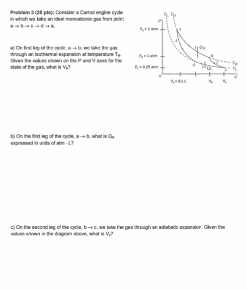 Problem 3 (20 pts): Consider a Carnot engine cycle in which we take an ideal monoatomic gas from point Ou a)on first leg ofthe cycle, a-+ b, we take the gas through an isothermal expansion at temperature TH Given the values shown on the P and V axes for the state of the gas, what is V? 0.25 atm -0.3 b) On the first leg of the cycle, a-b, what is Q expressed in units of atm-L c) On the second leg of the cycle, b-c, we take the gas through an adiabatic expansion. Given the values shown in the diagram above, what is V.?