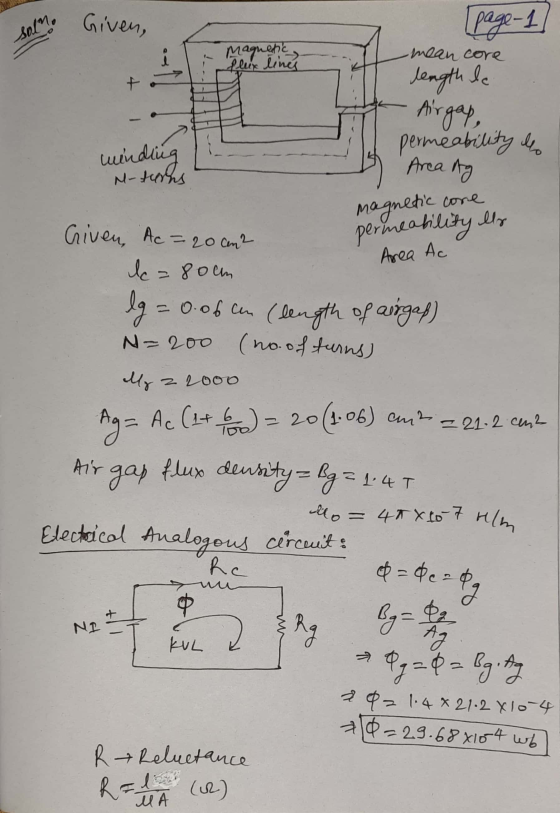 soln. mean core length le Airgap, winding M-turns Area Ag magnetic core permeability lly Area Ac lg Magnetic 40x6-7 hlm Given