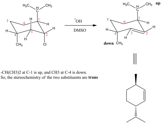 H3 C
Н3С.
CH3
H/CHz up
n
ГОН
5 motH.
DMSO
H
I
CH3
CI
down CH3
-CH(CH3)2 at C-1 is up, and CH3 at C-4 is down.
So, the stereoc