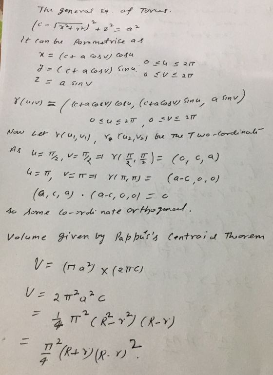 The general eq. of Torus. (c-1x2+42)² + ² = at it can bre parametrise as x = (c+ a cosul cosu le sait y = (ct a casu) sinu o