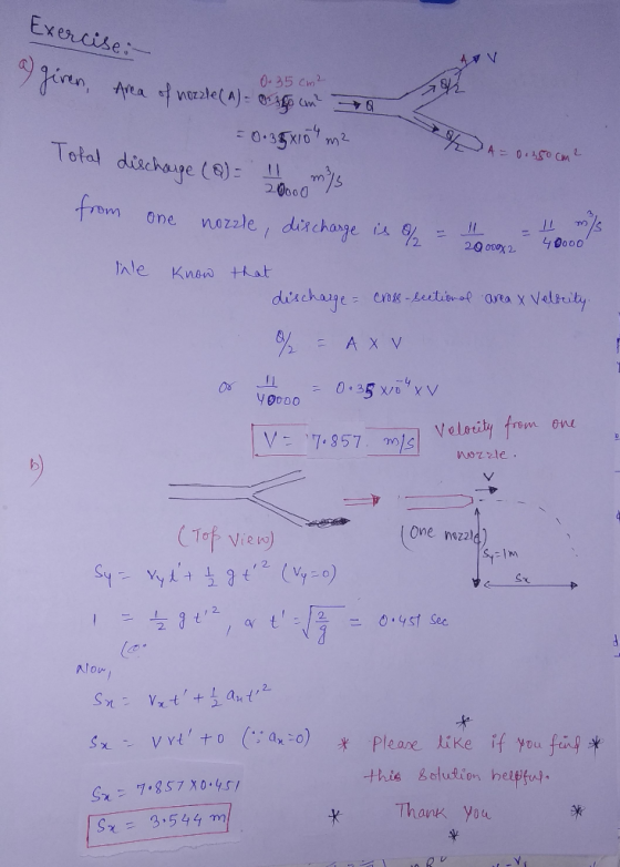 Exercise: given, Area of nozzle (A) = or 18 an? 0. 35 cm² Q = 0.35x100 m2 Z A =0.250 cm ² Total discharge (@) = 11 m/s from o