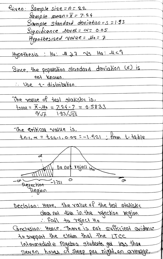 Given: Sample size = n=22 Sample meanz 7 = 7.24 Sample standard deviation=531.93 Significance devel = Q = 0.05 Hypothesized v